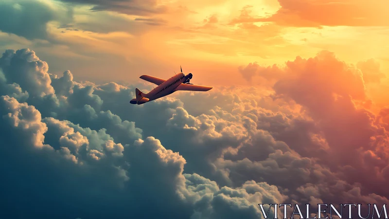 Single propeller aircraft above dense clouds at sunset.