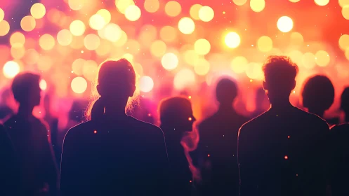 Silhouetted dreamers drift beneath neon dusk confetti.