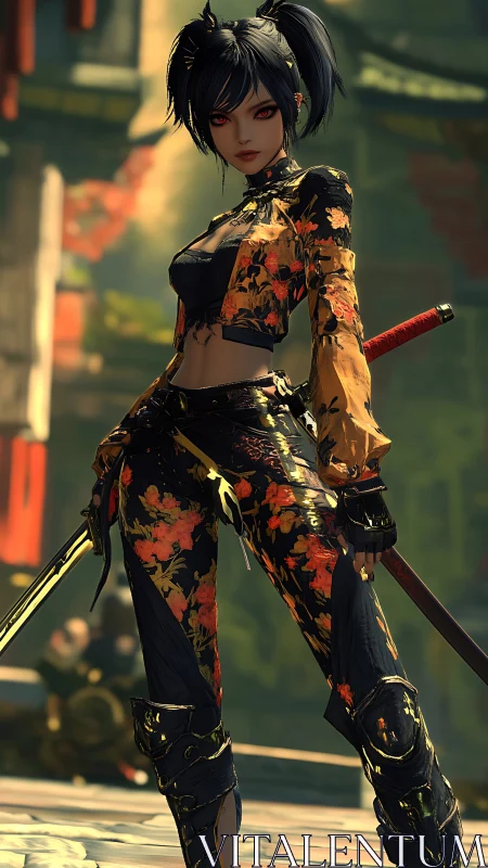 Digital warrior character holds twin swords in urban setting