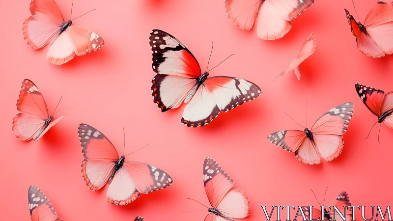 Coral gradient butterflies arranged on monochrome studio ground