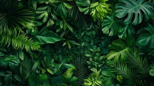 Tropical foliage canopy, dense overlapping leaves, deep greens