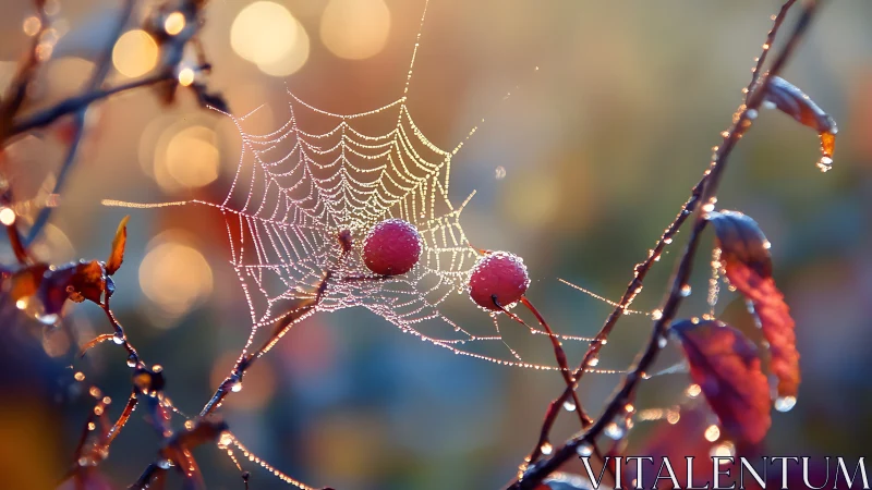Dewlit spiderweb encircles ripe berries in warm bokeh glow.