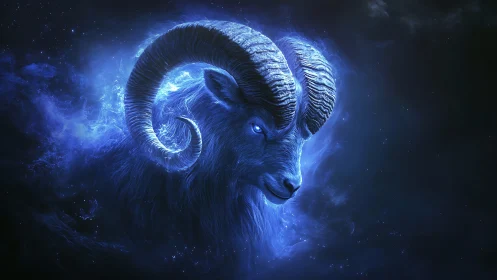 Celestial blue ram spirit emerging from cosmic nebula.