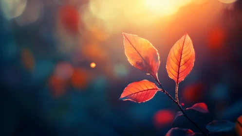Backlit red leaves rendered in shallow-focus bokeh glow