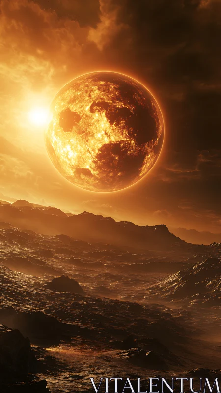 Molten planet hovers above rocky horizon under dense clouds