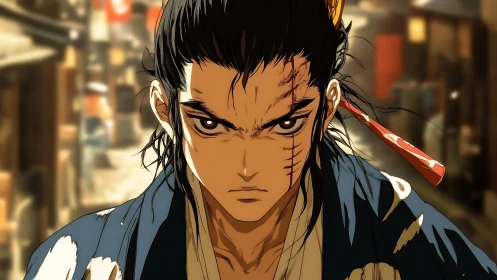 Samurai figure with facial scars in urban alleyway setting.