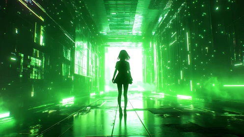 Silhouette in illuminated green sci fi corridor environment.