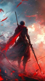 Lone red warrior with sword in a storm of fire and sky.