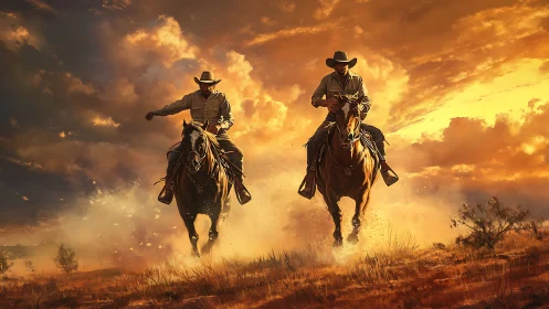 Cowboys riding at speed through dusk-lit desert dust