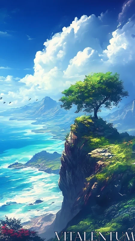 Solitary Tree on Coastal Cliff - A Timeless Dream.