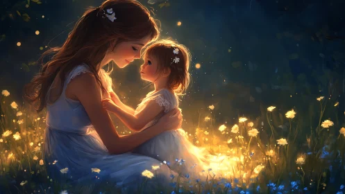 Luminous Embrace: Mother and Daughter Bathed in Enchanted Glow.
