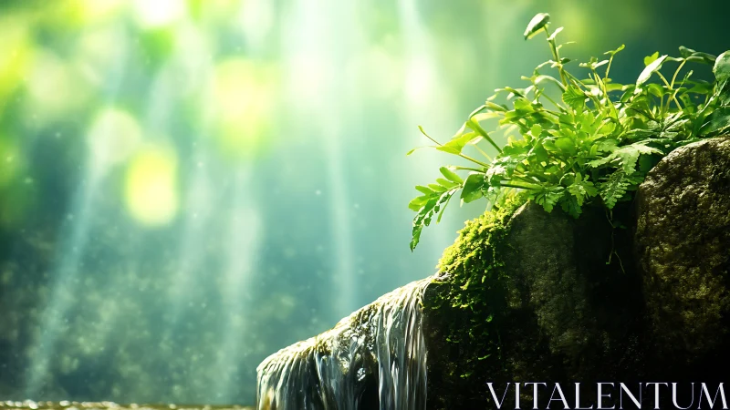 Lush Green Plants on Mossy Rock with Sunbeams in Nature Scene.