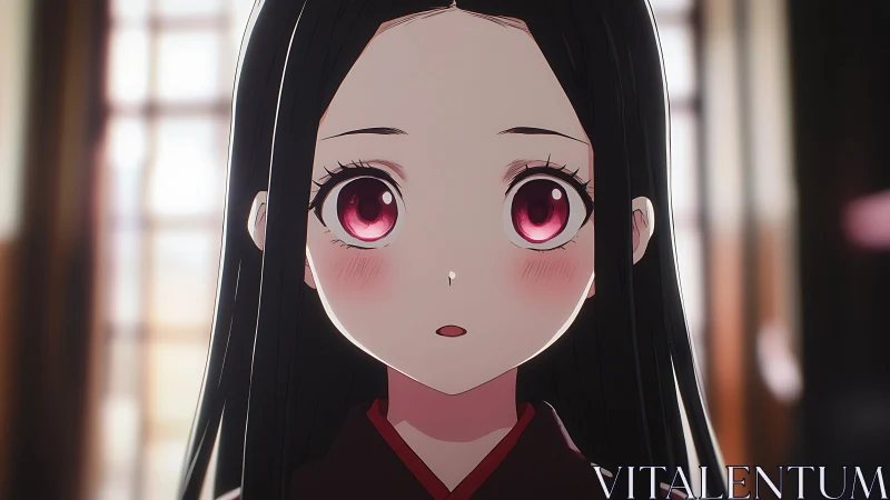 Anime girl with crimson eyes gazes softly in warm light