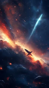 Starfighter intercepts luminous rift amid turbulent nebula clouds