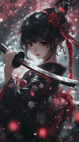 Cherry blossoms swirl as a poised katana maiden stands ready