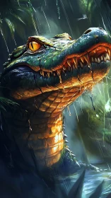 Bioluminescent jungle crocodilian under directional rain lighting.