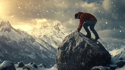 Winter climber leans into a glowing alpine snowstorm with heart
