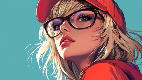 Stylized portrait of blonde woman in cap and glasses.