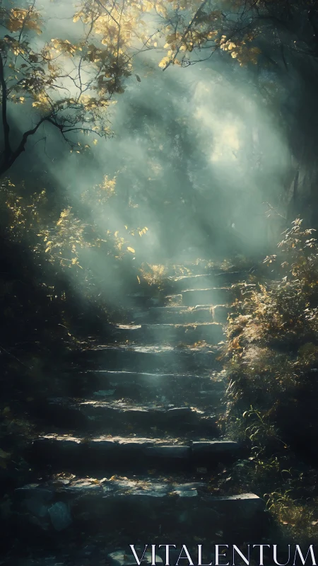 Stone forest steps leading into misty sunlit foliage.