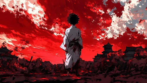 Lone figure in kimono before red sky and distant citadels.