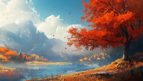Autumn lakeside landscape renders luminous atmospheric depth