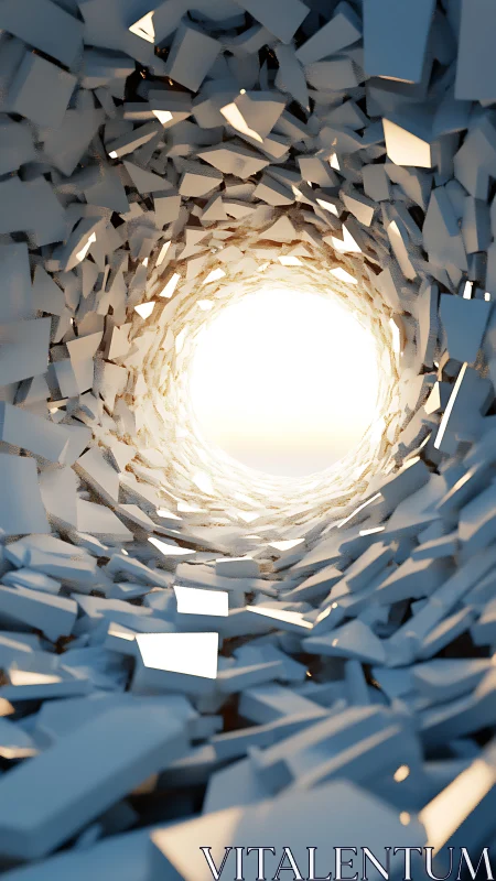 Geometric tunnel of scattered white blocks around bright light.