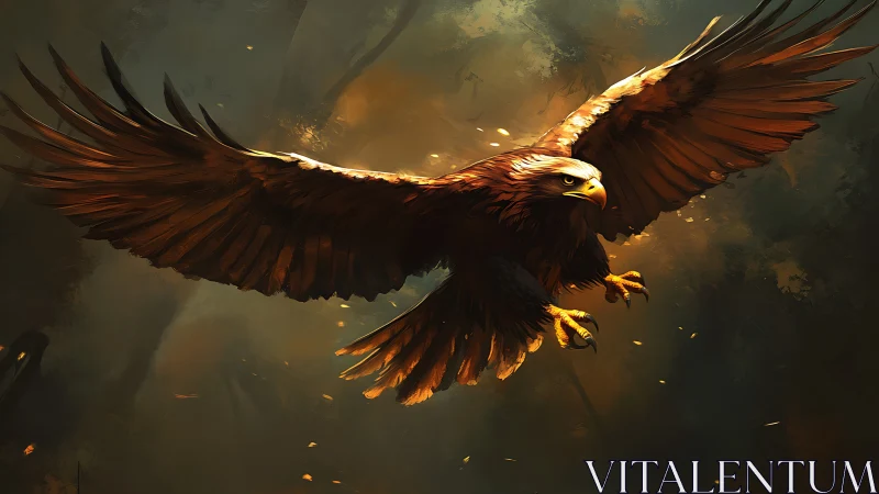 Majestic Eagle Soaring in Dramatic Forest, Digital Art Style.