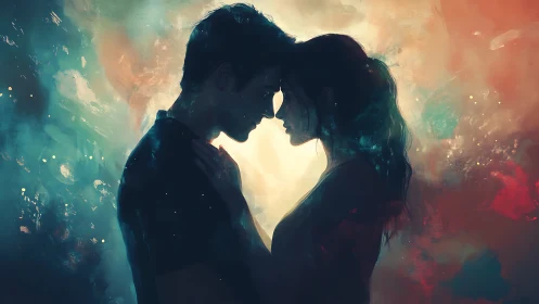 Silhouetted figures in convergent pose against luminous background.