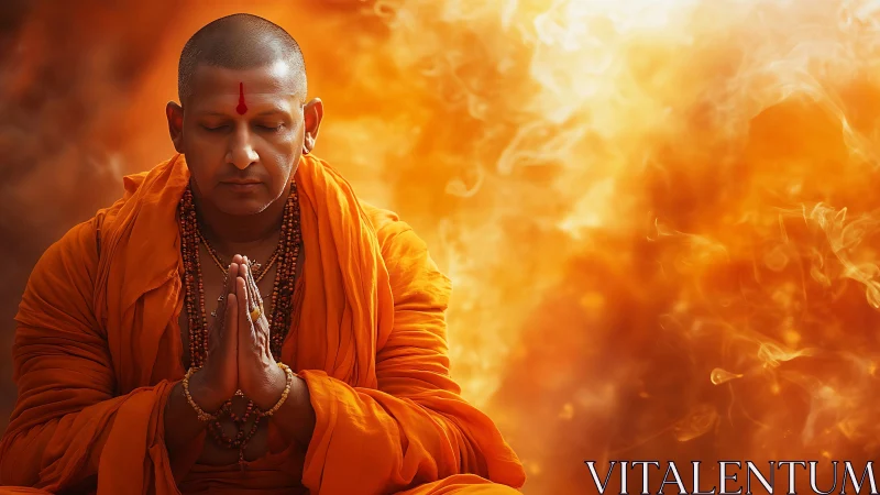 Peaceful monk in warm orange light, holding gentle prayer.