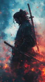 Lone samurai strides through embers and cold blue smoke.