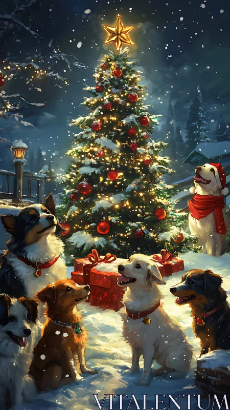 Canine carolers circle a glowing snowy Christmas tree centerpiece.