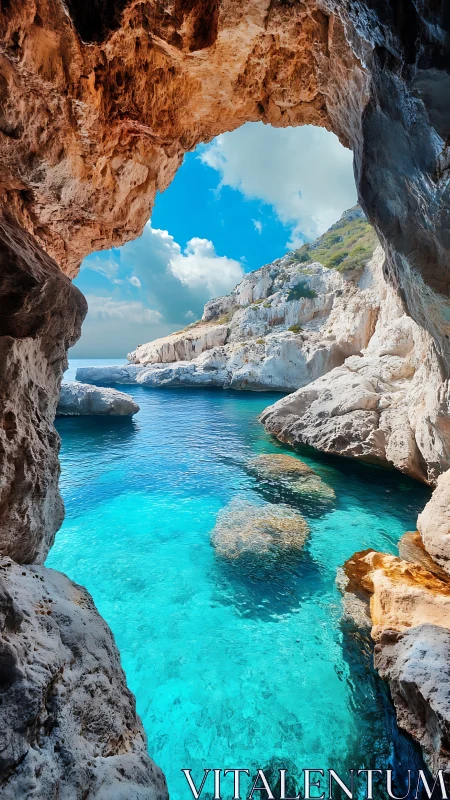 Sunlit seaside cave opening onto crystal blue waters.