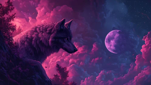 Wolf overlooks luminous pink clouds under distant moon