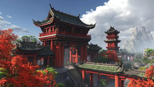 Red temple complex stands amid mountains and autumn trees