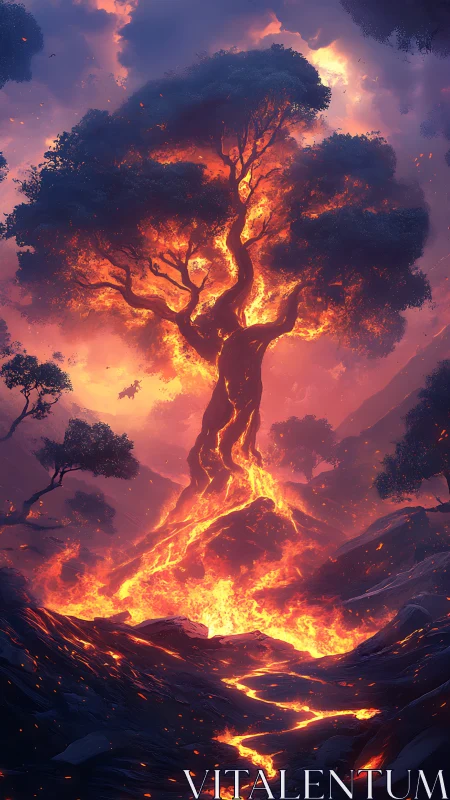 Burning Tree Rising From Lava and Volcanic Landscape.