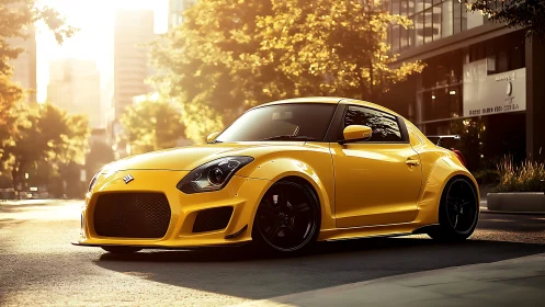 Sunlit urban sprint: yellow tuner coupe prowls the street.