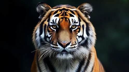 Tiger portrait with sharp facial detail and dark backdrop.