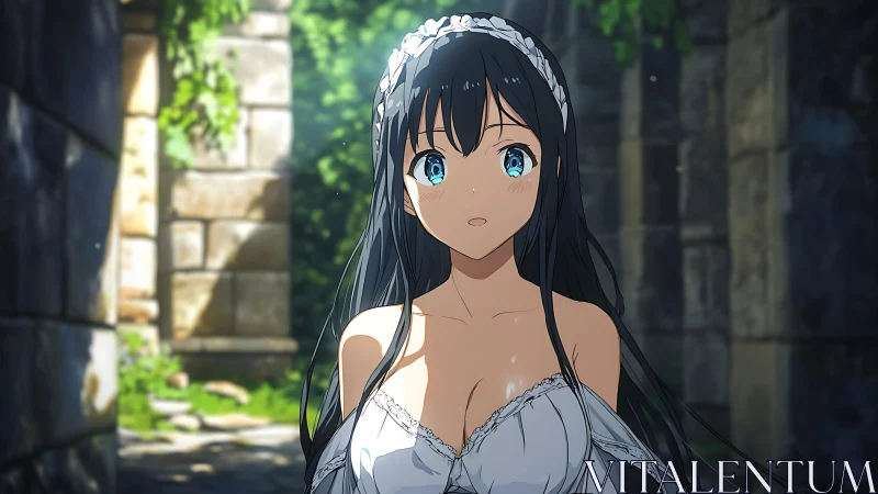 Quiet discovery with a blue-eyed girl in sunlit ruins.