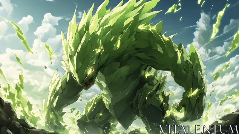 Emerald crystal titan unleashes raw elemental fury under skies.