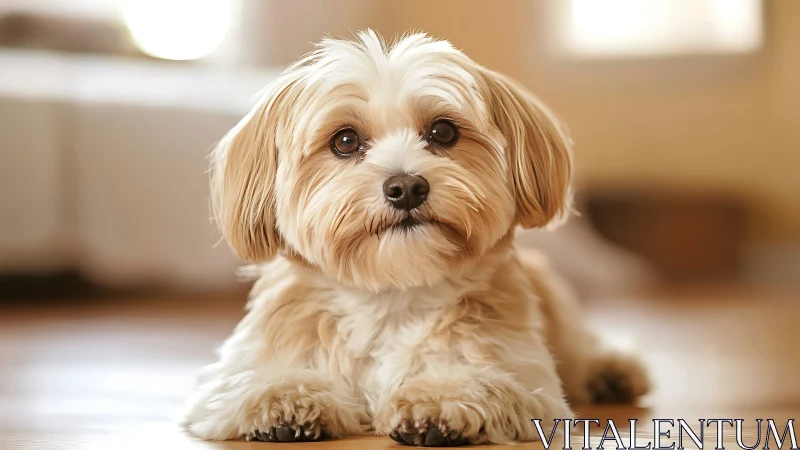 Small tan dog lying on indoor floor in soft light.