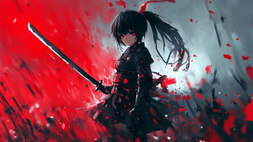 Samurai girl with katana amid red and gray abstract field.