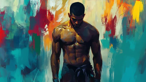 Kinetic portrait of muscular male figure amid abstract chroma field.