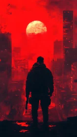Lone dusk trooper studies a bloodred data sun above ruins