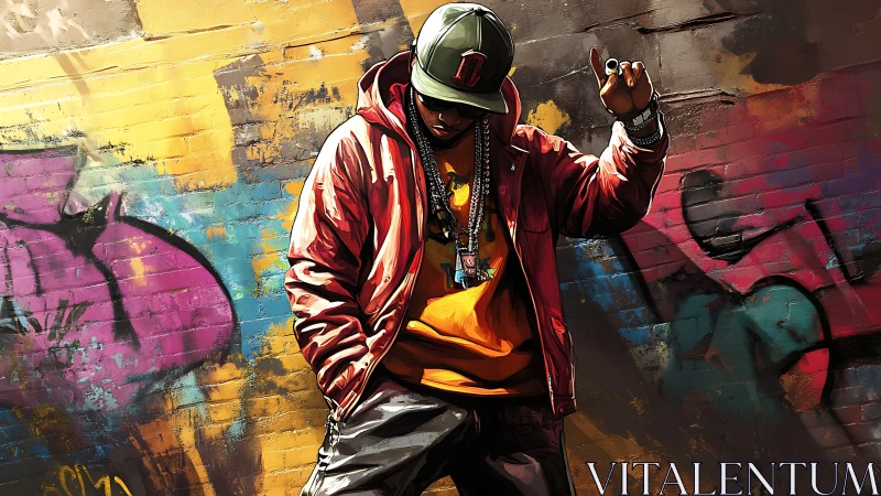 Urban figure in red jacket against graffiti brick wall backdrop.
