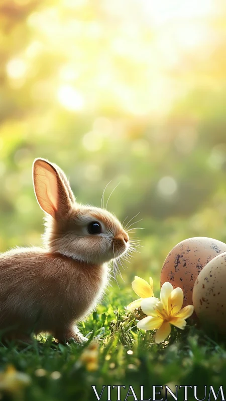 Sunlit bunny pauses beside speckled eggs and meadow blooms