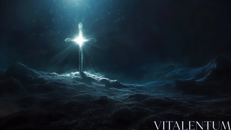 Luminous crystalline cross pierces nocturnal landscape with glare