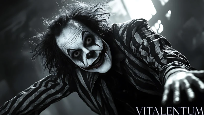 Sinister clown leans forward under harsh monochrome light