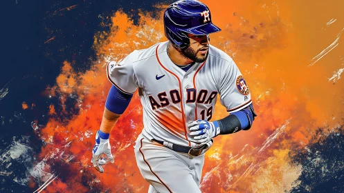 Powerful baseball runner in bold orange and navy energy.