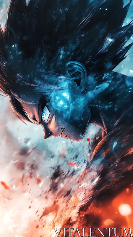 Side profile anime warrior framed by blue and orange energy