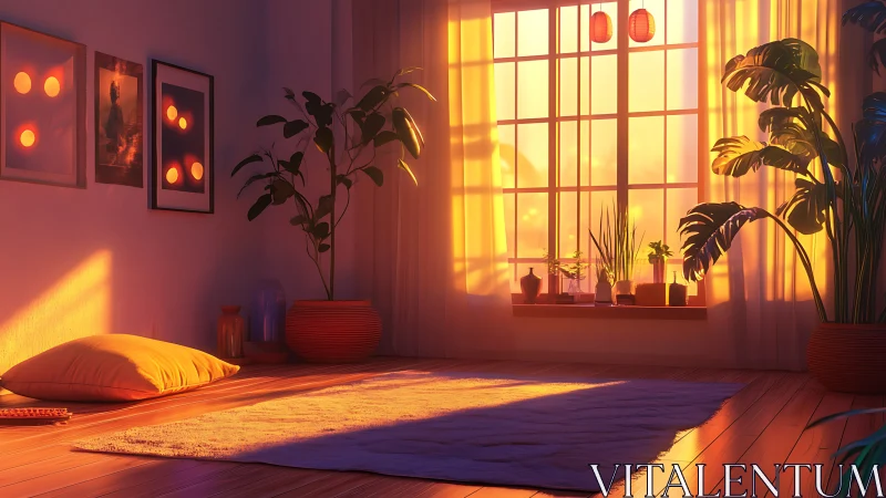 Digital painting of a sunlit minimalist plant-filled studio interior.
